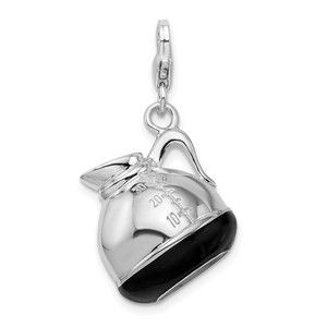 Sterling Silver Polished 3-D Enameled Coffee Pot Bracelet Charm Lobster Clasp